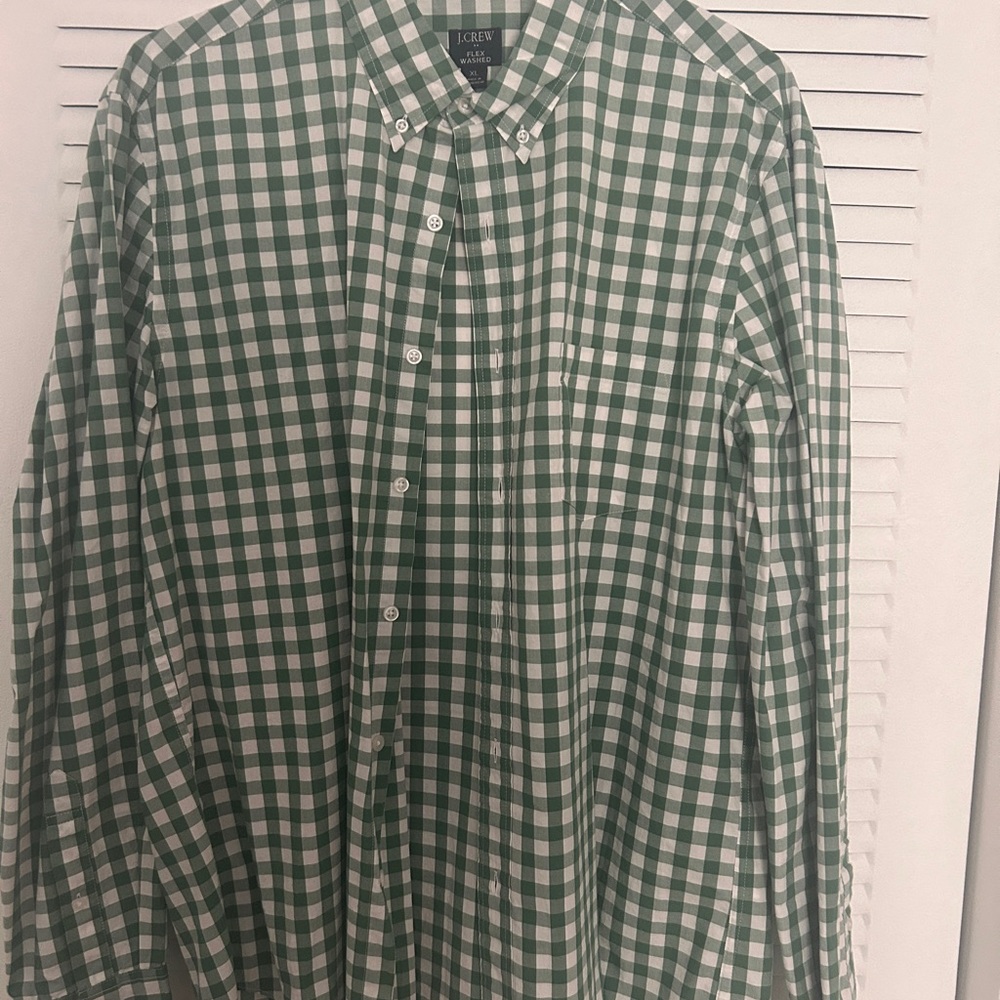 J. Crew Men's Green and White Checkered Shirt